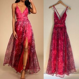 NWOT Lulus Romance That Wows Magenta Floral Print Organza Maxi Dress